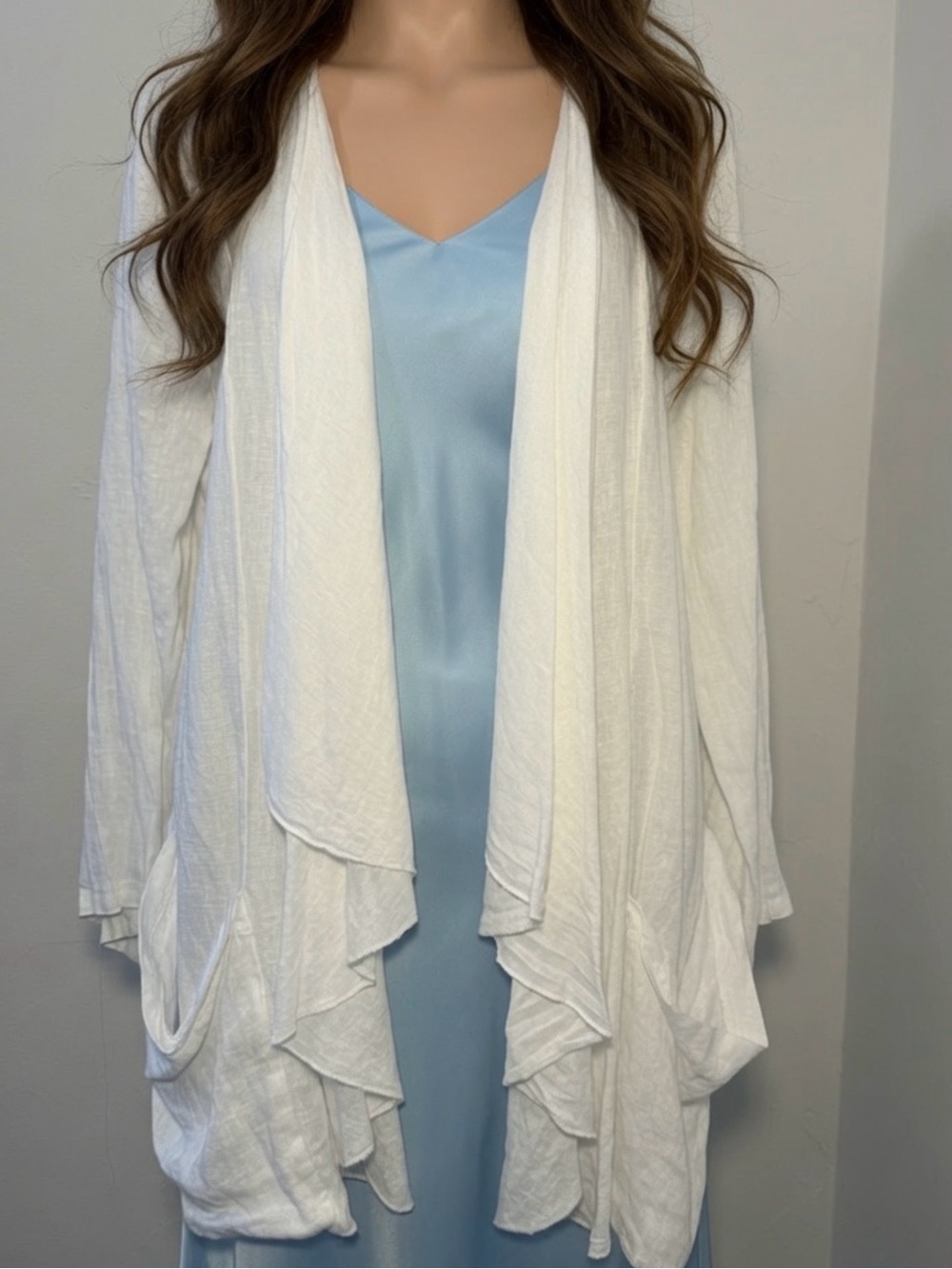 Women's White Cascade Draped Open-Front Linen Sweater